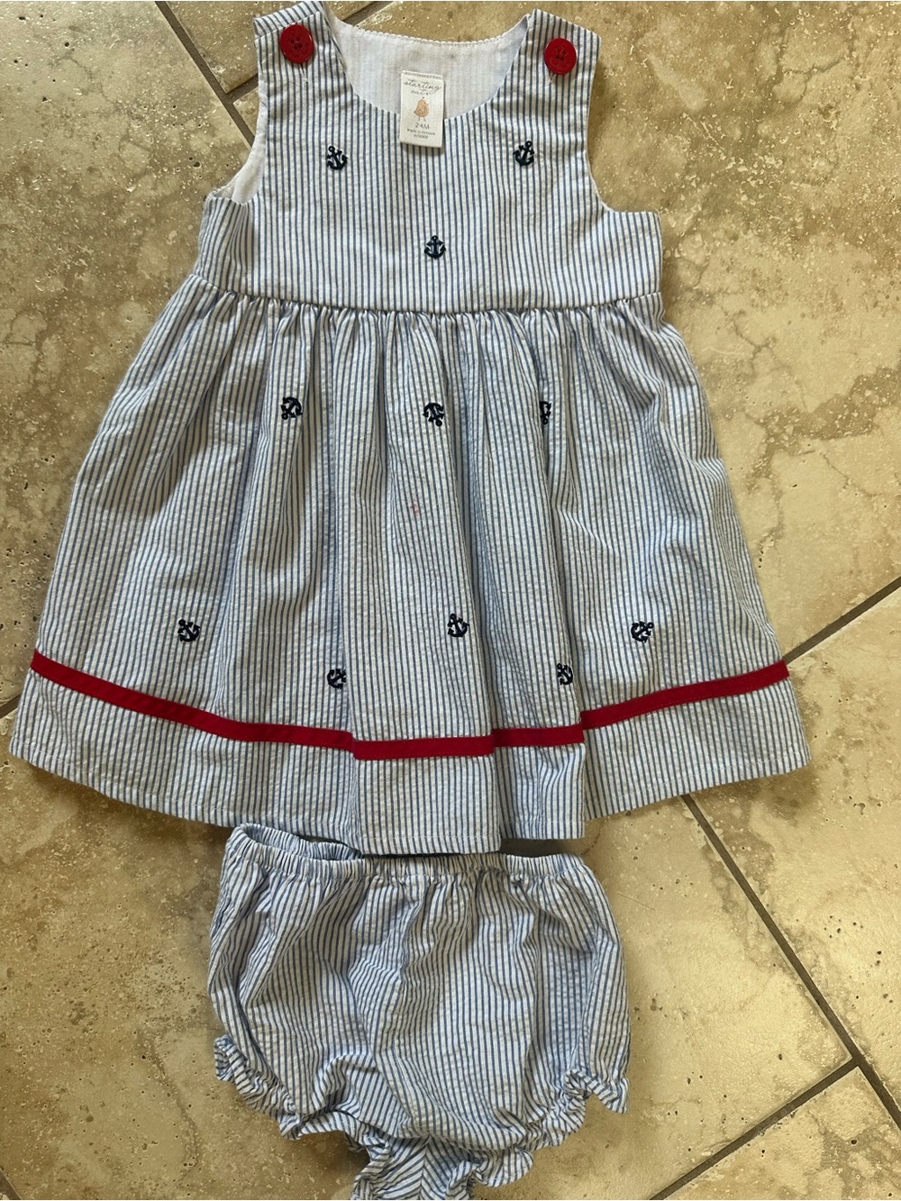 Trendy boutique Blue & White Striped Nautical Dress with Red Trim